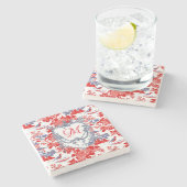 Chinoiserie Delft Frans rood blauw monogram Stenen Onderzetter (Zijkant)