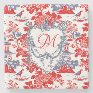 Chinoiserie Delft Frans rood blauw monogram Stenen Onderzetter