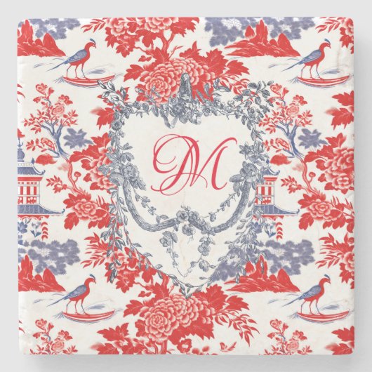 Chinoiserie Delft Frans rood blauw monogram Stenen Onderzetter (Voorkant)