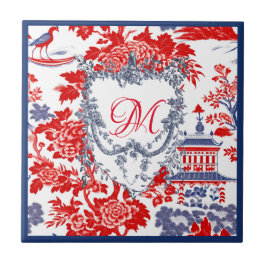  Chinoiserie Delft Frans rood blauw monogram Tegeltje