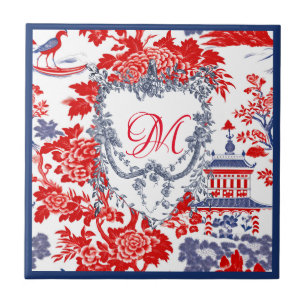 Chinoiserie Delft Frans rood blauw monogram Tegeltje