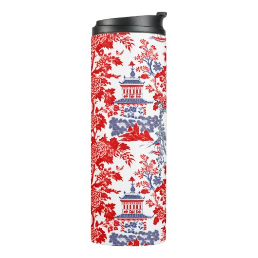 Chinoiserie Delft Frans rood blauw monogram Thermosbeker (Gedraaid links)