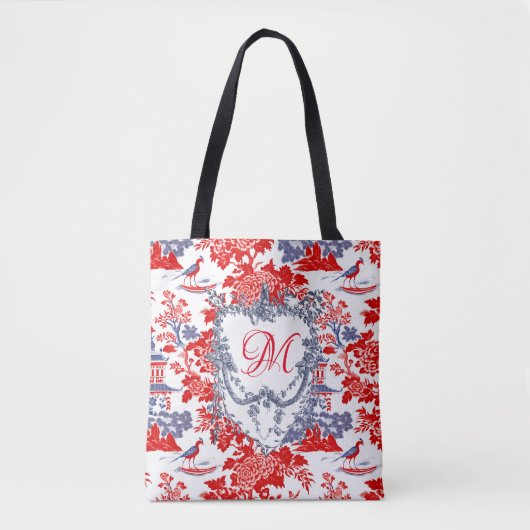  Chinoiserie Delft Frans rood blauw monogram Tote Bag (Voorkant)