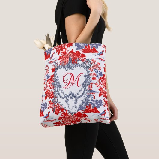 Chinoiserie Delft Frans rood blauw monogram Tote Bag (Dichtbij)