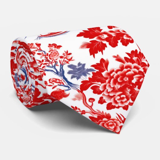  Chinoiserie Delft Frans rood blauw Stropdas (Opgerold)