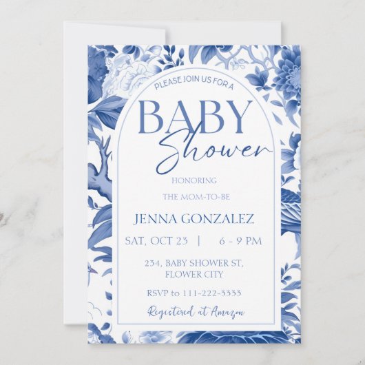 Chinoiserie Delfts Blauw Wit Baby shower Kaart (Voorkant)