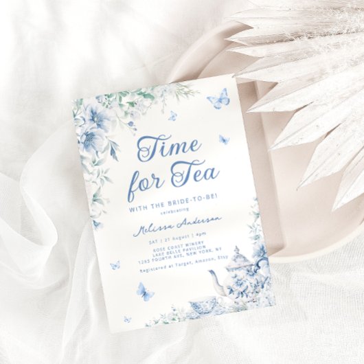 Chinoiserie Dusty Blue Botanical Bridal Tea Shower Kaart