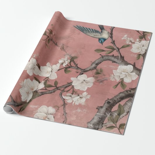 Chinoiserie Dusty Pink Cherry Blossom Background Cadeaupapier (Uitgerold)