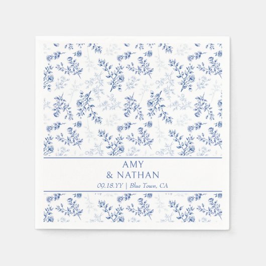 Chinoiserie Elegant Bloemen Blauw en Wit Bruiloft Servet (Voorkant)