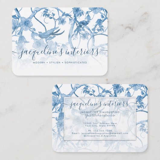 Chinoiserie Elegant Floral Dusty Blue  Bird Visitekaartje (Voorkant / Achterkant)