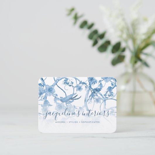 Chinoiserie Elegant Floral Dusty Blue  Bird Visitekaartje (Staand voorkant)