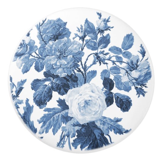 Chinoiserie Engels Roos Floral Delfts Blauw Wit Keramische Knop (Voorkant)