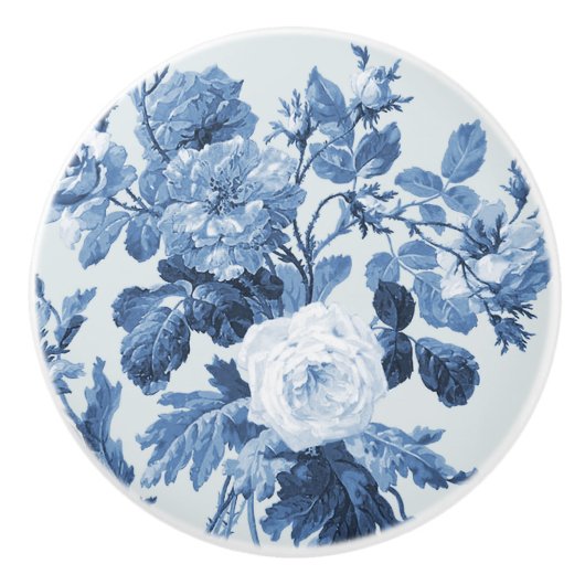 Chinoiserie Engels Roos Floral Frans Blauw Wit Keramische Knop (Voorkant)