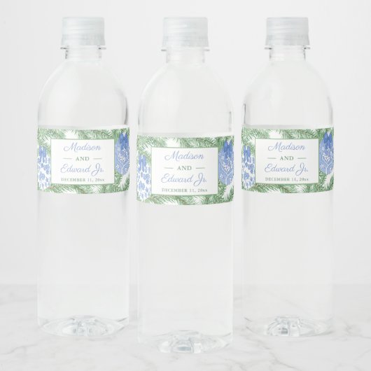 Chinoiserie Fir Tree Blue Wedding Shower Waterfles Etiket (Flessen)