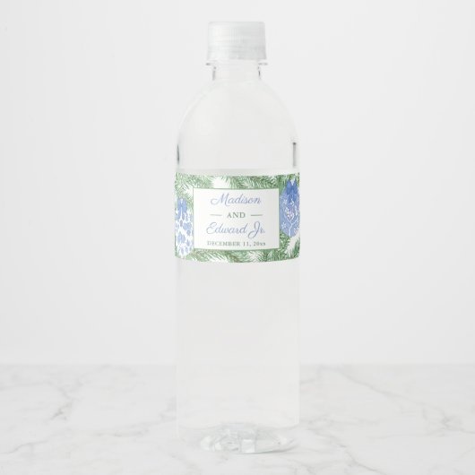 Chinoiserie Fir Tree Blue Wedding Shower Waterfles Etiket