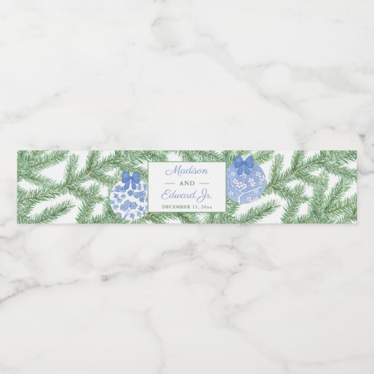 Chinoiserie Fir Tree Blue Wedding Shower Waterfles Etiket (Enkel label)