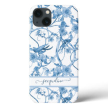 Chinoiserie Floral Bird Dusty Blue in White Script