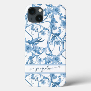 Chinoiserie Floral Bird Dusty Blue in White Script Case-Mate iPhone Case