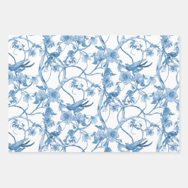 Chinoiserie Floral Bird Dusty Blue White ontlepage Inpakpapier Vel