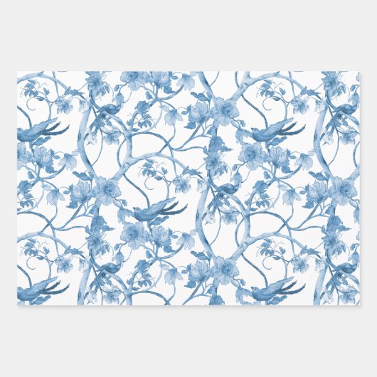 Chinoiserie Floral Bird Dusty Blue White ontlepage Inpakpapier Vel (Voorkant)
