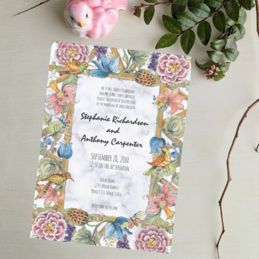 Chinoiserie Floral Bird Garden Colorful Wedding Kaart