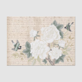 Chinoiserie Floral Birds Old Handwriting Decoupage Tissuepapier