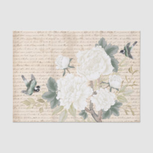 Chinoiserie Floral Birds Old Handwriting Decoupage Tissuepapier