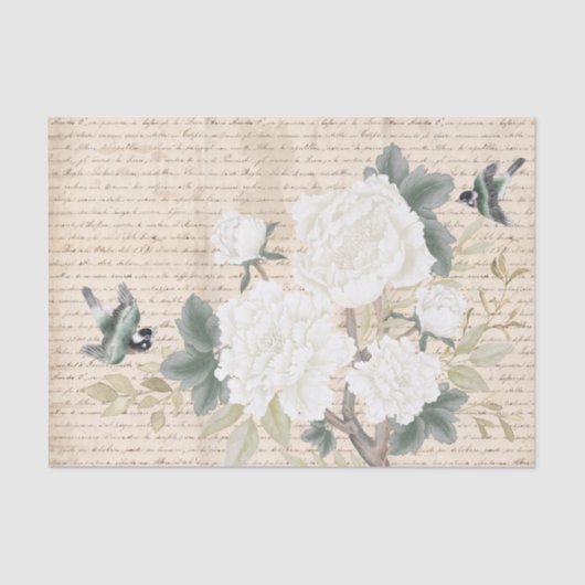 Chinoiserie Floral Birds Old Handwriting Decoupage Tissuepapier (Voorkant)