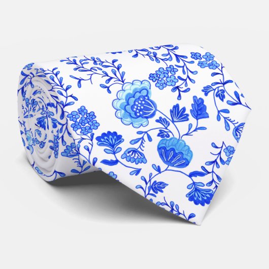 Chinoiserie Floral Blue en White Stropdas (Opgerold)