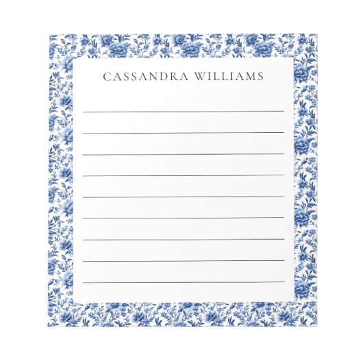Chinoiserie Floral Blue Gepersonaliseerde naam Lin Notitieblok (Voorkant)
