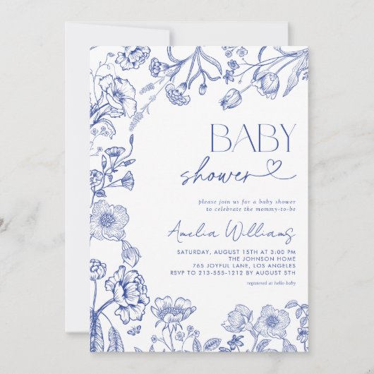 Chinoiserie  Floral Blue Script Baby shower Kaart (Voorkant)