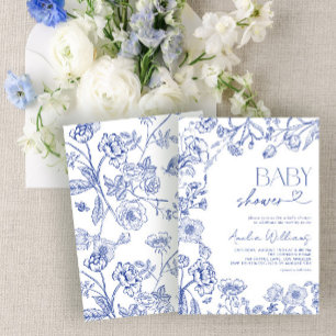 Chinoiserie Floral Blue Script Baby shower Kaart