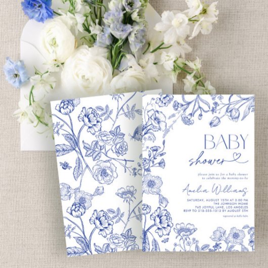 Chinoiserie  Floral Blue Script Baby shower Kaart