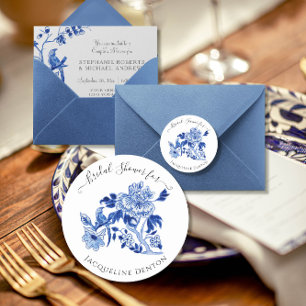 Chinoiserie Floral Blue White Bird Vrijgezellenfee Ronde Sticker
