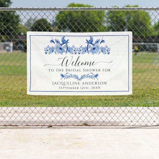 Chinoiserie Floral Blue White Bird Vrijgezellenfee Spandoek (Insitu)