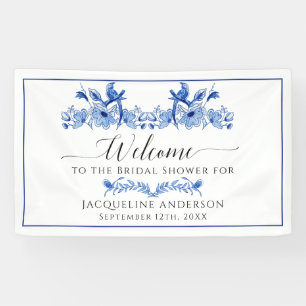 Chinoiserie Floral Blue White Bird Vrijgezellenfee Spandoek