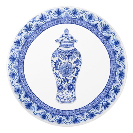 Chinoiserie Floral Blue White Ginger Jar  Keramische Knop (Voorkant)
