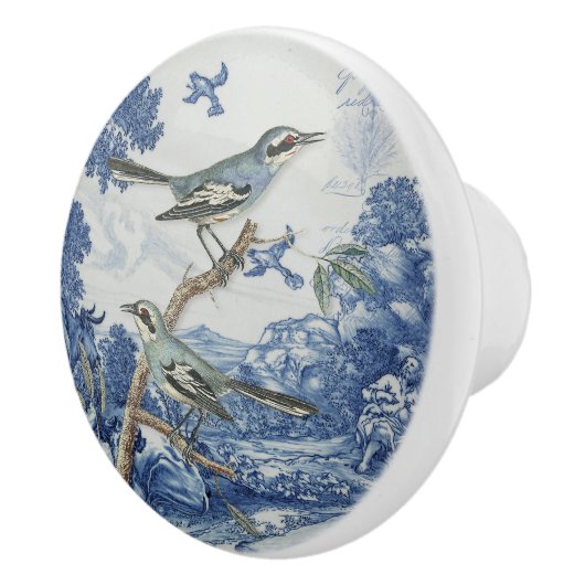 Chinoiserie Floral Blue White Toile Script Collage Keramische Knop (Rechts)