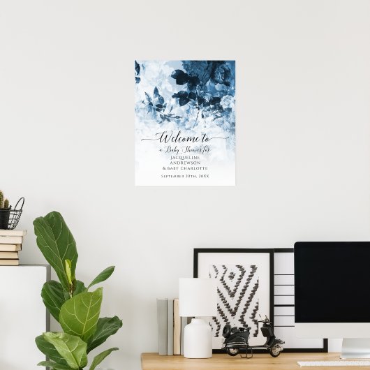 Chinoiserie Floral Blue White Welcome Baby shower Poster (Thuiskantoor)