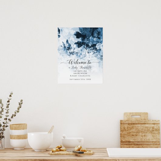 Chinoiserie Floral Blue White Welcome Baby shower Poster (Keuken)