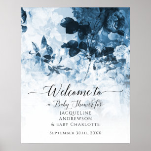 Chinoiserie Floral Blue White Welcome Baby shower Poster