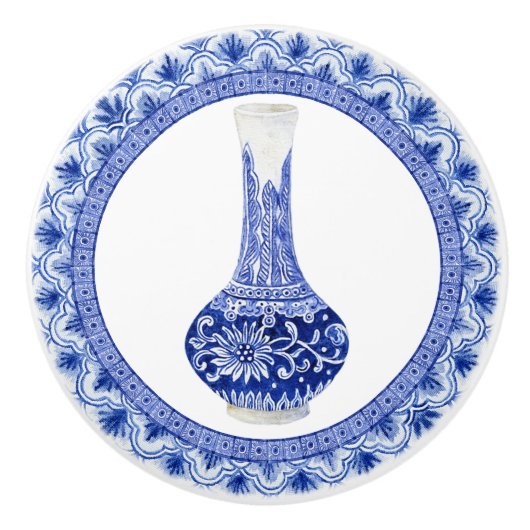 Chinoiserie Floral Dragonfly Blue White Ginger Jar Keramische Knop (Voorkant)