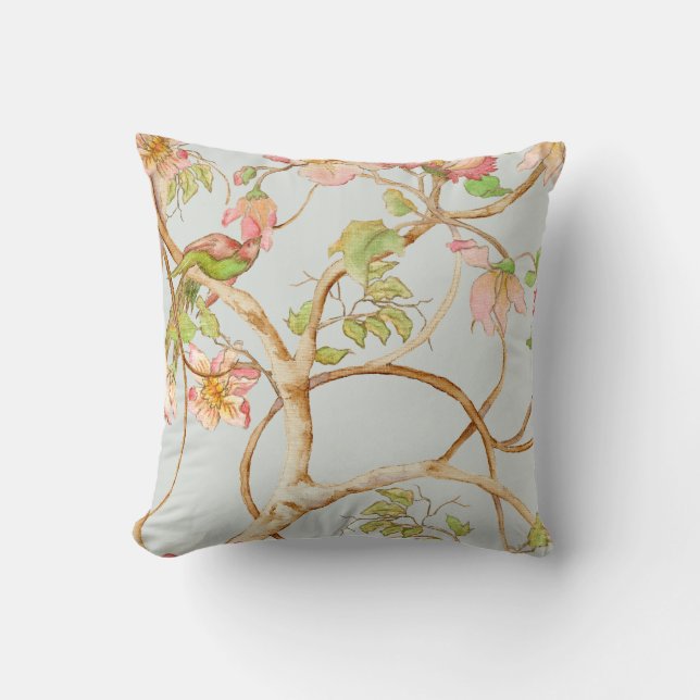 Chinoiserie Floral Dusty Blue Pink Bird Tree Kussen (Voorkant)