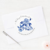 Chinoiserie Floral Navy Blauw Wit Vogel Bruiloft Ronde Sticker (Envelop)