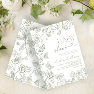 Chinoiserie  Floral Sage Green Baby shower Kaart
