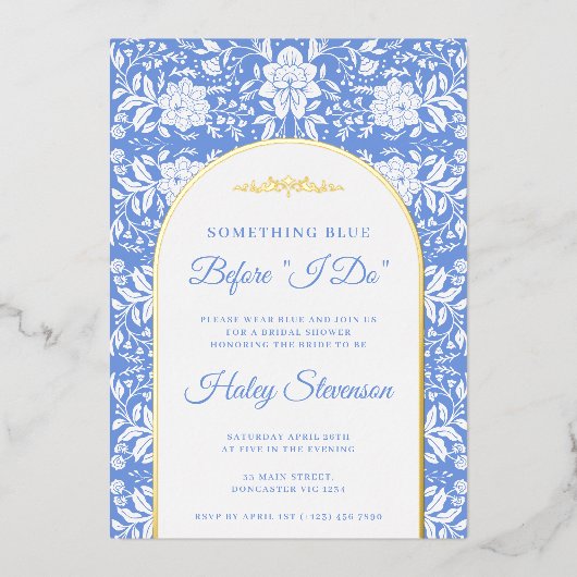 Chinoiserie Floral Something Blue Vrijgezellenfees Folie Uitnodiging (Voorkant)