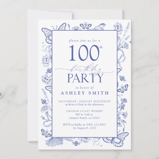 Chinoiserie Frans Blauw 100ste Verjaardagsfeest Kaart (Voorkant)
