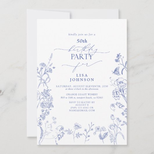 Chinoiserie Frans Blauw Bloemen 50ste Verjaardag Kaart (Voorkant)
