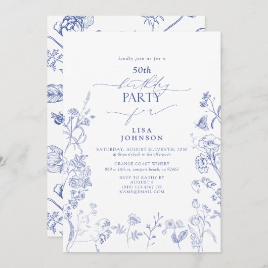 Chinoiserie Frans Blauw Bloemen 50ste Verjaardag Kaart (Voorkant / Achterkant)