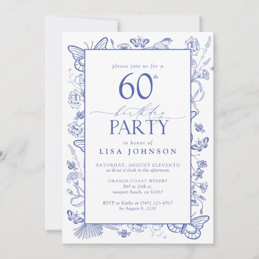 Chinoiserie Frans Blauw Script 60ste Verjaardagsfe Kaart (Voorkant)